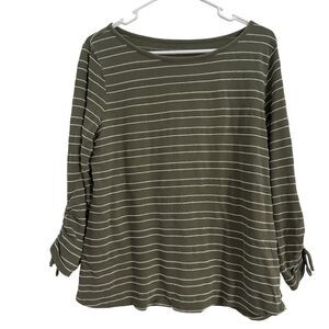 TALBOTS Women's MEDIUM Olive Green White Striped Knit Top Classic Stretch Cotton